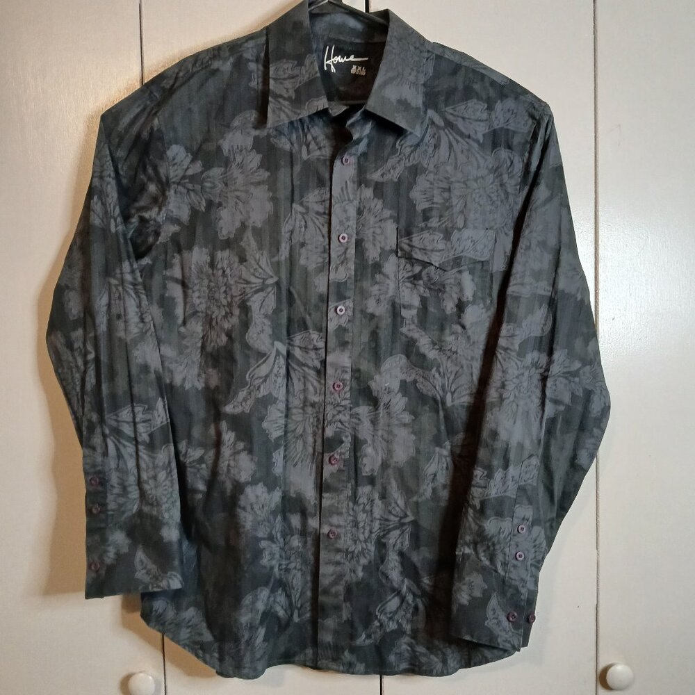 House Men's XXL Black Flower Designed Western Dress Shirt (0293D7)